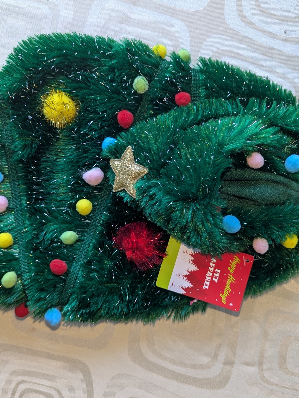 Holiday Green Christmas Tree Dog Sweater with Pom-Pom Ornaments Size S